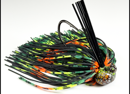 Fishing lure with black, green, and orange colors on a white background